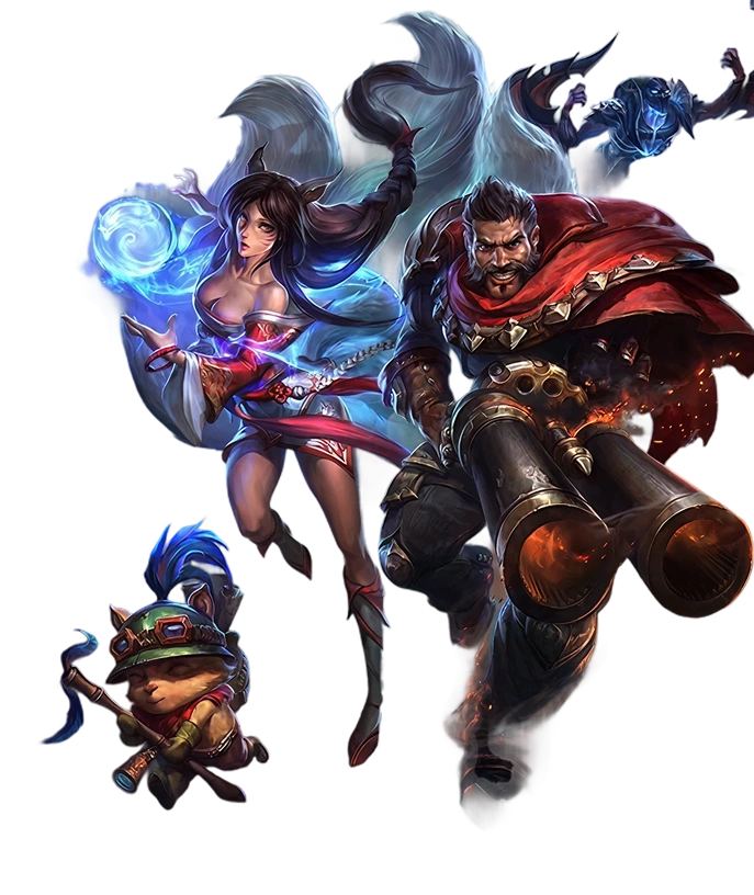 Plakat promocyjny dla "League of Legends" przedstawia dynamiczne postacie fantasy w akcji. Mistyczna atmosfera z świecącymi mocami i żywymi strojami.